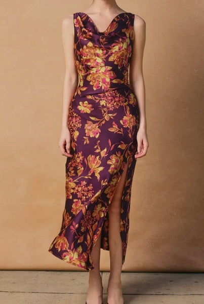 CRIMSON DRAPED NECK MIDI