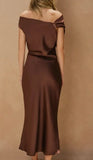 OFF THE SHOULDER RUCHED MIDI